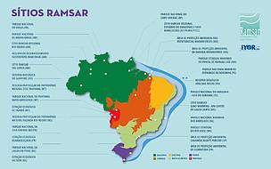 Ilustração mostra o mapa atualizado de todos os Sítios Ramsar existentes no Brasil